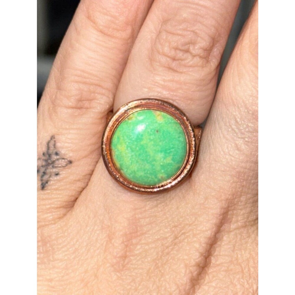 Round Green Turquoise Stone Stamped Pure Copper Ring Size 7